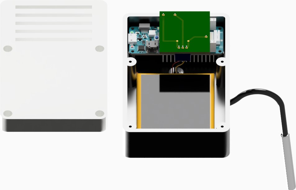 3D-gedrucktes Sensorgehäuse mit Arduino MKR WiFi 1010, Platine, Akku und DS18B20-Temperaturfühler