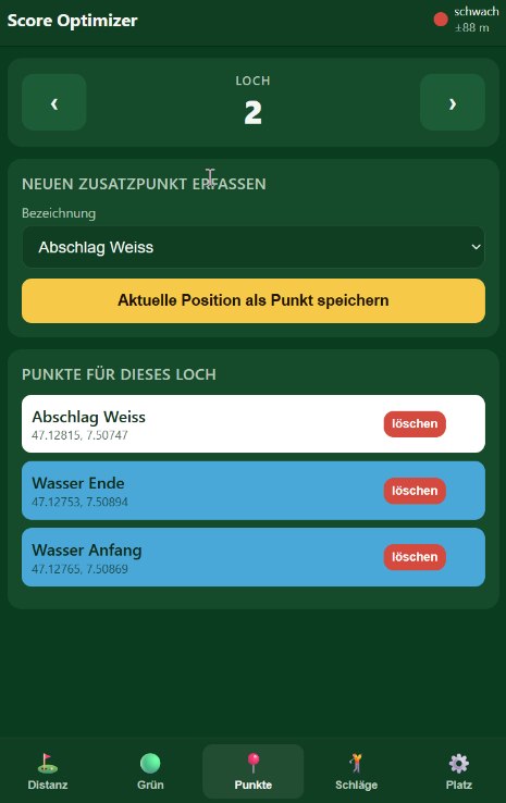 Score Optimizer Mobile: Erfassung von Wegpunkten je Loch mit GPS-Koordinaten und Signalstärke