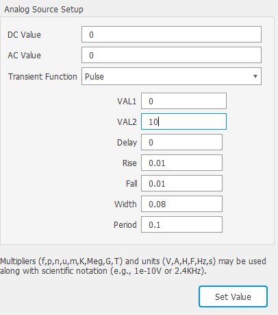 Dialog Analog Source Setup in Fusion 360 mit Impulsquelle: VAL1, VAL2, Rise, Fall, Width und Period