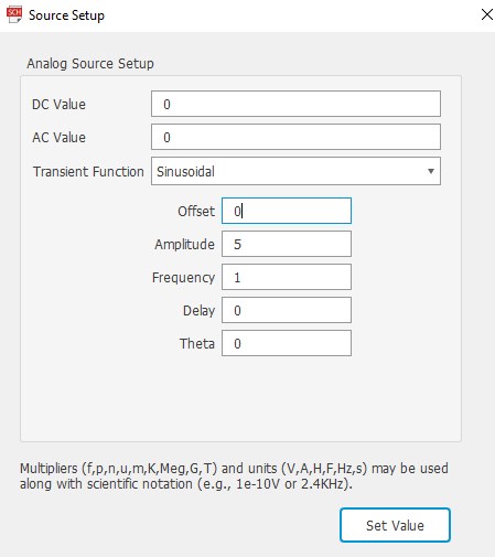 Dialog Analog Source Setup in Fusion 360 mit sinusförmiger Quelle: Offset, Amplitude, Frequenz, Delay und Theta